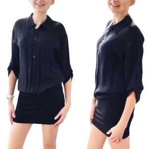 Alice + Olivia Black Black Multi-media Blouson Shirt 3/4 Sleeve Mini Dress XS